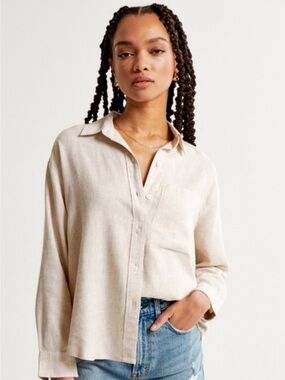 Abercrombie & Fitch Linen-Blend Cream Button-Down Shirt